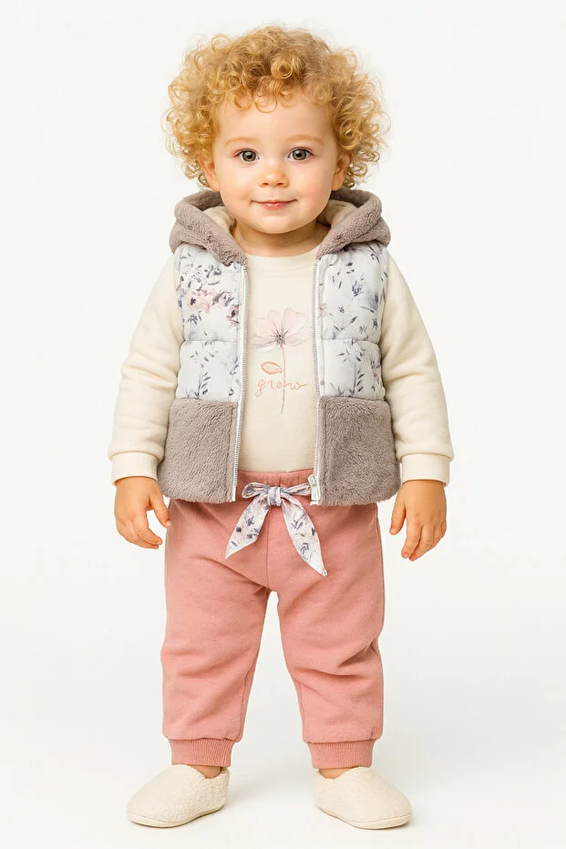 BEBLY Kiz Pelus Detay Yelekli 3lu Takim